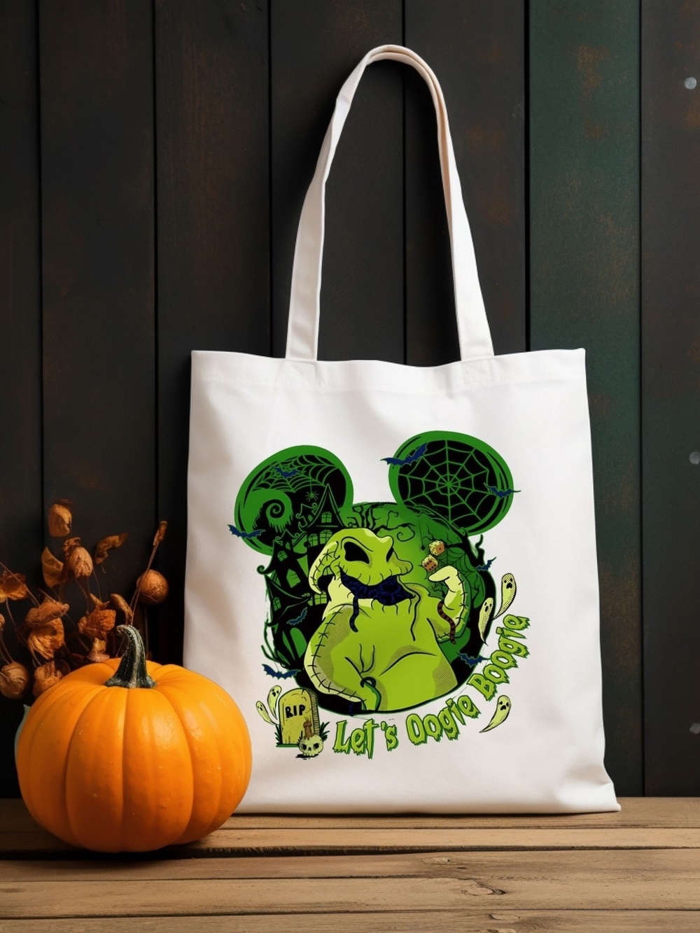 White Tote Bag with Green Halloween Oogie Design